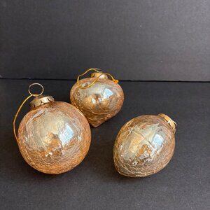 Kugel Style Christmas Ornaments Gold Glass Set Of 3 Crackle‎ Large Vintage Heavy